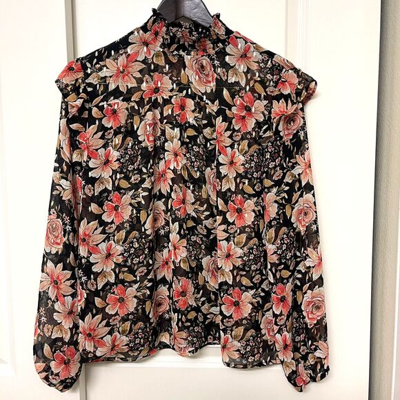 Maurices Women's Black Spring Floral Smocked Neck Top Long Sleeve Blouse Size M - Picture 2 of 9